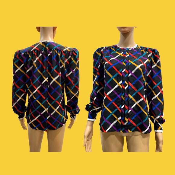80s 90s Albert Nipon Colorful Grid Pattern Blouse | Pleat Front | XS - Picture 9 of 9